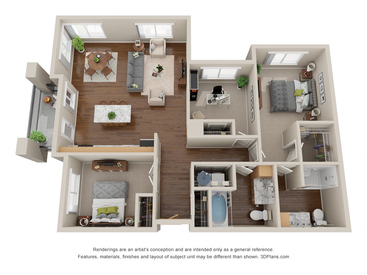 Floor plan for 3 beds, 2 baths, 1171 sqft